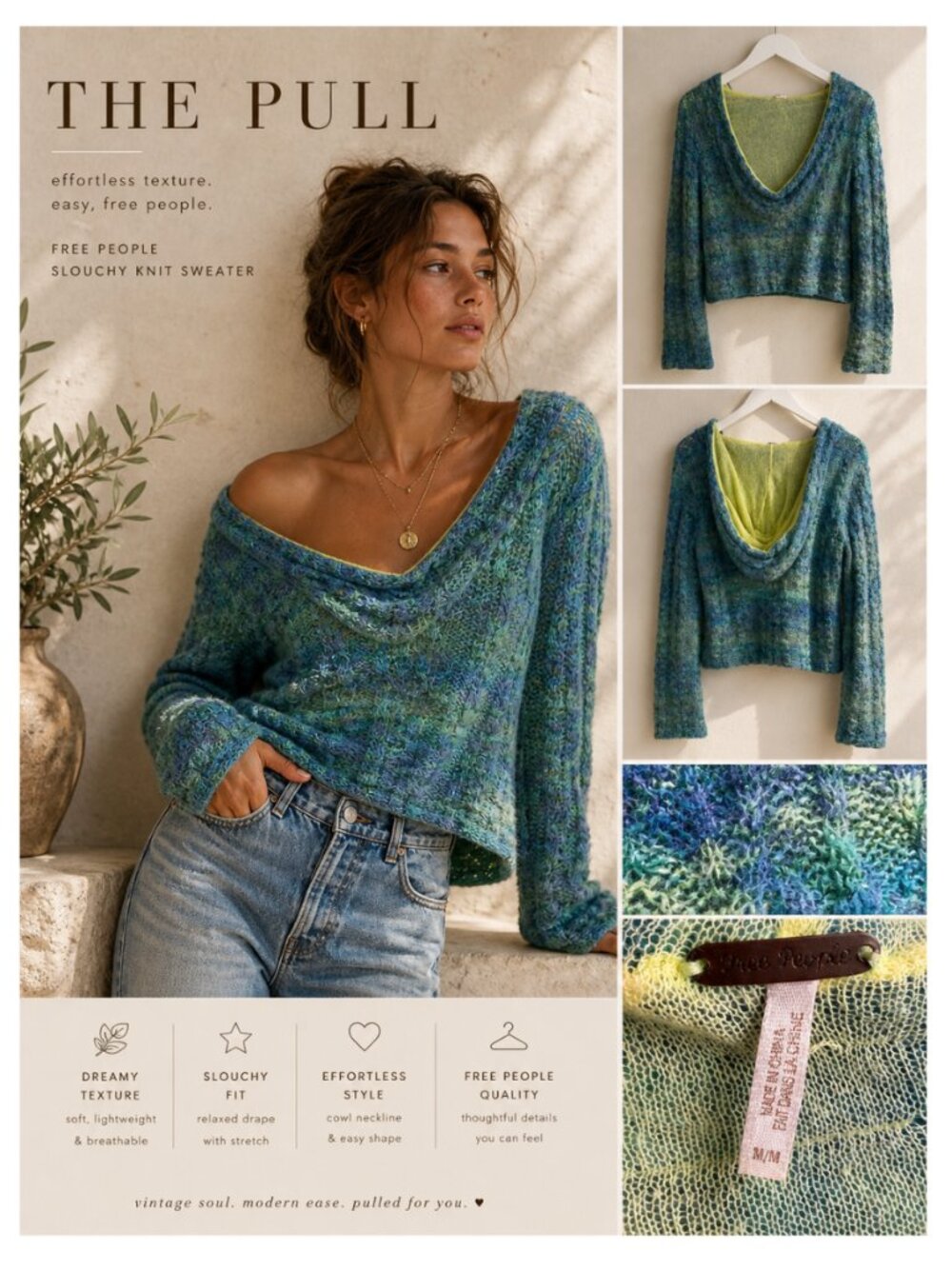 Free People Slouchy Knit Sweater Hooded Blue Green Marled Cropped Boho Top M